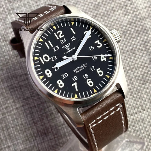 Men 39mm Automatic Dive Pilot Sapphire Glass Luminous Dial Leather Wristwatch