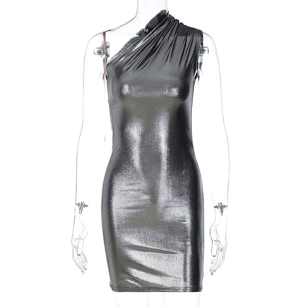 Women Pu Leather One Shoulder Sleeveless Draped Mini Dress