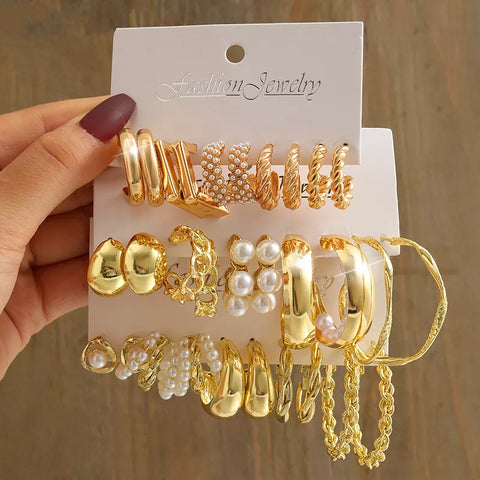 Women Gold Color Vintage Geometry Pearl Earrings Set