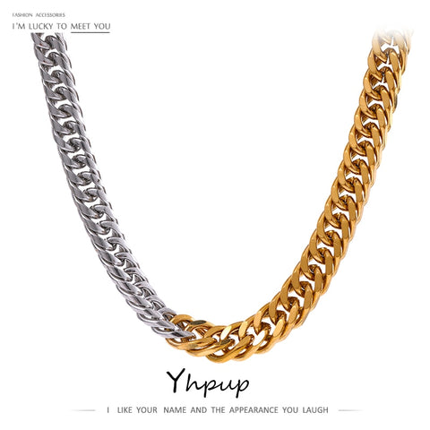 Yhpup 316L Stainless Steel Chain Necklace Minimalist Metalic Texture 18 K PVD Plated Statement Collar Necklace Jewelry Gift