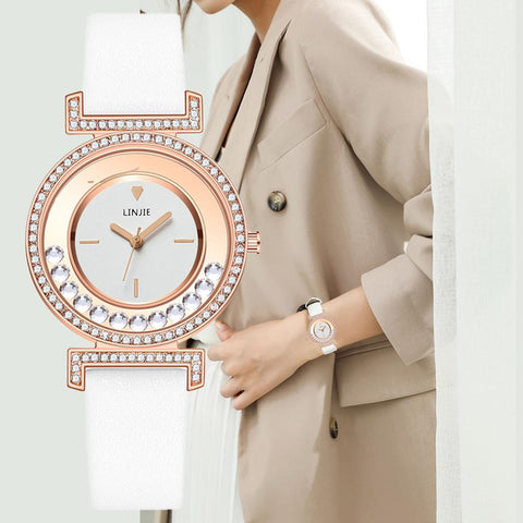 Women Simple Diamond Dial Leather Wrist Watch