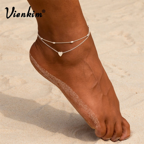 Vienkim Women 2019 Women Anklets Simple Heart Barefoot Crochet Sandals Foot Jewelry Two Layer Foot Legs Bracelet Anklets