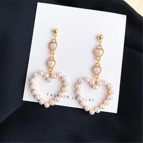 Women Long Heart Pearl Stud Earrings