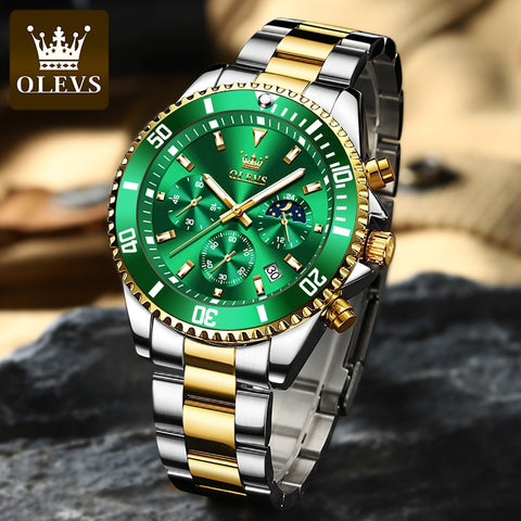 OLEVS Watch for Men Luxury Stainless Steel Men Quartz Wristwatches Sports Waterproof Dive Green Wristwatch Men&#39;s Watches 2870