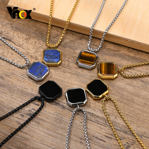 Men Stainless Steel Square Natural Stone Necklace Chain