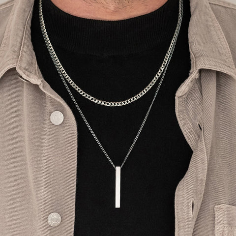 Men Layering Stainless Steel Chain With Vertical Bar Pendant