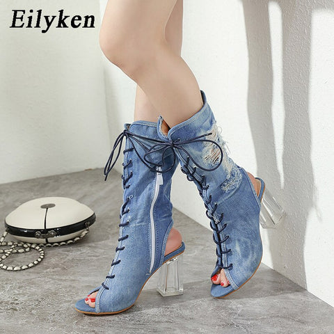 Eilyken Fashion Denim Ankle Boots Sandals Ladies Transparent Crystal Heel Peep Toe Boots Autumn Womens Lace Up Shoes Size34-40