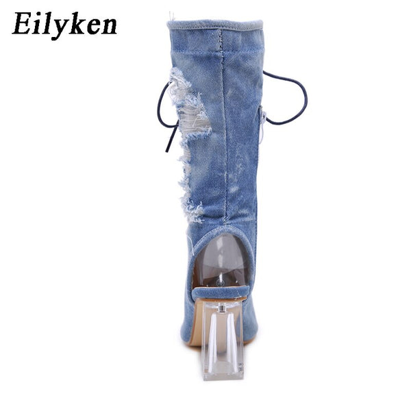 Eilyken Fashion Denim Ankle Boots Sandals Ladies Transparent Crystal Heel Peep Toe Boots Autumn Womens Lace Up Shoes Size34-40