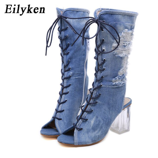 Eilyken Fashion Denim Ankle Boots Sandals Ladies Transparent Crystal Heel Peep Toe Boots Autumn Womens Lace Up Shoes Size34-40