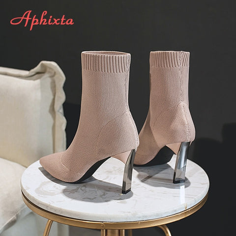 Aphixta Black Knitting Elastic Women Socks Boots Shoes Elegant Metal Thin High Heel Pointed Toe Ankle Boots for Women