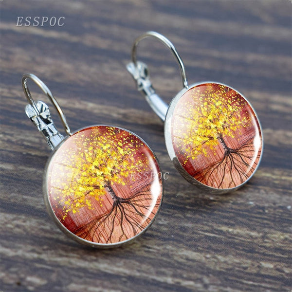 Tree of Life Silver Color Earrings Fashion France Earrings for Women EarHook Earrings Life Tree Glass Cabochon Jewelry Girl Gift