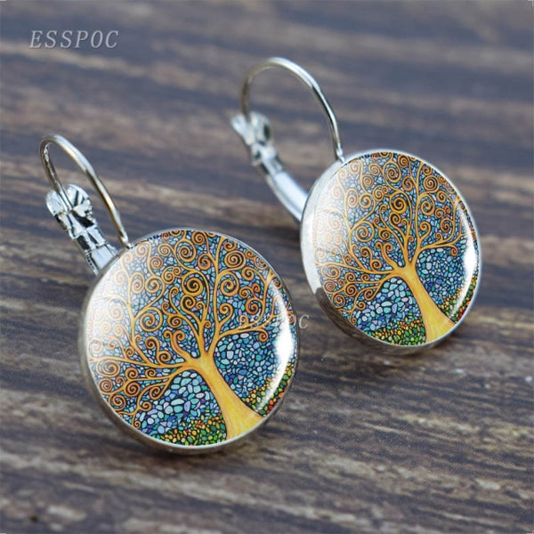 Tree of Life Silver Color Earrings Fashion France Earrings for Women EarHook Earrings Life Tree Glass Cabochon Jewelry Girl Gift