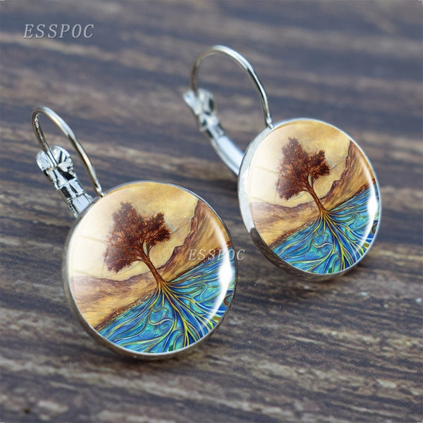 Tree of Life Silver Color Earrings Fashion France Earrings for Women EarHook Earrings Life Tree Glass Cabochon Jewelry Girl Gift