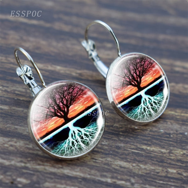 Tree of Life Silver Color Earrings Fashion France Earrings for Women EarHook Earrings Life Tree Glass Cabochon Jewelry Girl Gift