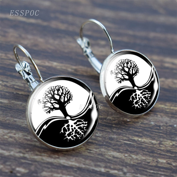 Tree of Life Silver Color Earrings Fashion France Earrings for Women EarHook Earrings Life Tree Glass Cabochon Jewelry Girl Gift