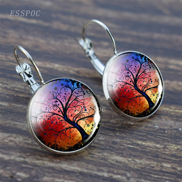 Tree of Life Silver Color Earrings Fashion France Earrings for Women EarHook Earrings Life Tree Glass Cabochon Jewelry Girl Gift