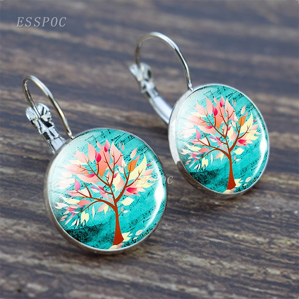 Tree of Life Silver Color Earrings Fashion France Earrings for Women EarHook Earrings Life Tree Glass Cabochon Jewelry Girl Gift