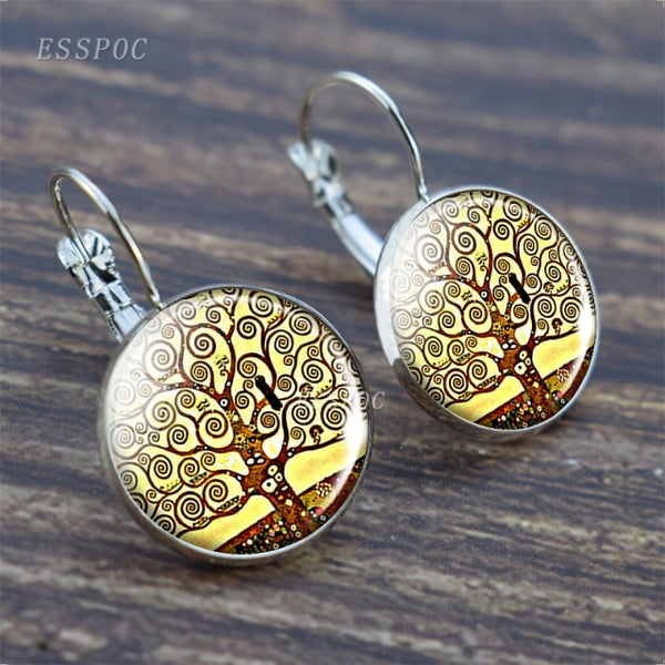 Tree of Life Silver Color Earrings Fashion France Earrings for Women EarHook Earrings Life Tree Glass Cabochon Jewelry Girl Gift