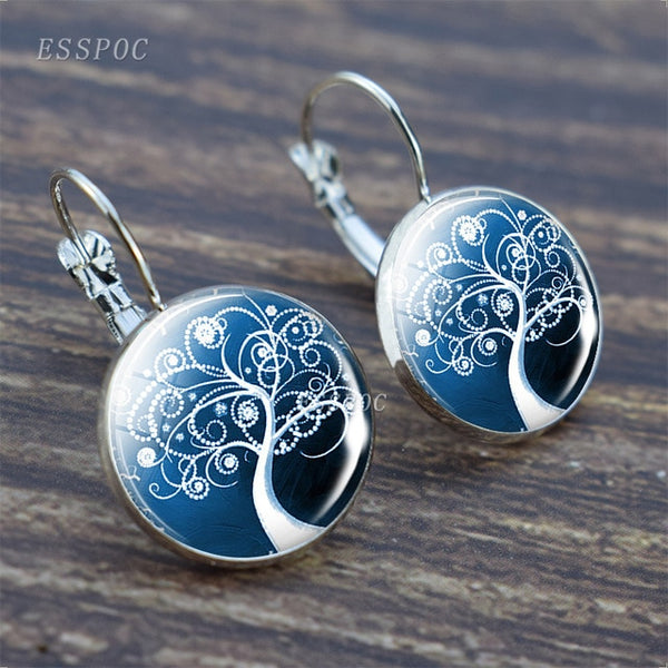 Tree of Life Silver Color Earrings Fashion France Earrings for Women EarHook Earrings Life Tree Glass Cabochon Jewelry Girl Gift