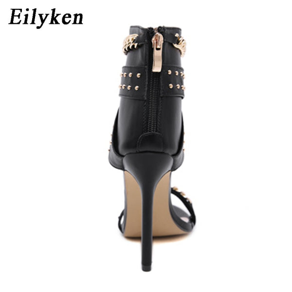 Eilyken 2021 New Rivet Metal Decoration High Heel Women Sandals Cover Heel For Party Gladiator Ladies Shoes Black Size 35-40