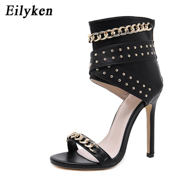 Eilyken 2021 New Rivet Metal Decoration High Heel Women Sandals Cover Heel For Party Gladiator Ladies Shoes Black Size 35-40