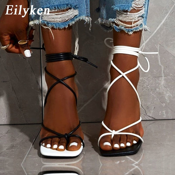 Eilyken New Fashion Sexy Lace Up Women Sandals Square Toe Thin Heel Cross Tied Party Shoes High Heel 9CM Black White Size 35-42