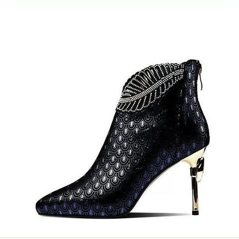 Peacock Pattern Embossed Leather Boots Woman Ankle Boots Plating Heel Rhinestone Women's Winter Shoes 2021Female Footware Blue