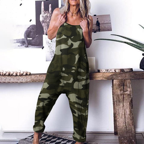 Women Jumpsuits 5XL Long Rompers Celmia Summer Sleeveless Casual Loose Camouflage Printed Drop-Crotch Playsuits Harem Pants