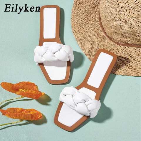 Eilyken 2021 Newest Popular  Womens Slippers Summer Outdoors Vintage Purple Square Toe Flats Casual Beach Slides Shoes