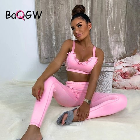 BaQGW Workout Clothes Sport Leggings and Crop Top Two Piece Set Yoga Outfits for Women Ruffles Sportswear Active Wear Gym Sets