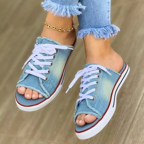 Women's Casual Female Fashion Denim Beach Shoes Plus Size Women Canvas Slipper Woman Lace Up Ladies Peep Toe New Flat