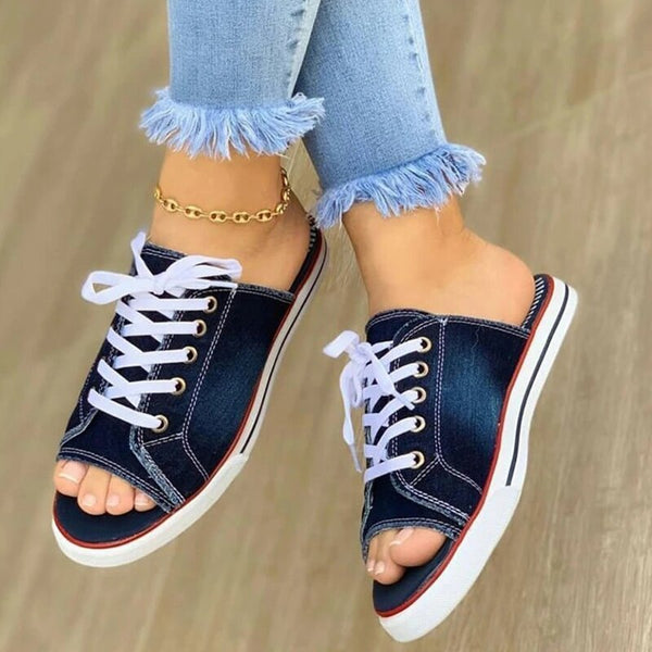 Women's Casual Female Fashion Denim Beach Shoes Plus Size Women Canvas Slipper Woman Lace Up Ladies Peep Toe New Flat