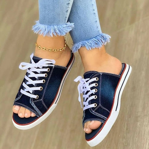 Women's Casual Female Fashion Denim Beach Shoes Plus Size Women Canvas Slipper Woman Lace Up Ladies Peep Toe New Flat