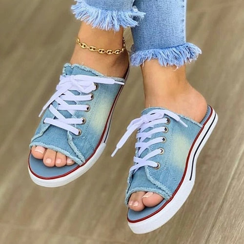 Women's Casual Female Fashion Denim Beach Shoes Plus Size Women Canvas Slipper Woman Lace Up Ladies Peep Toe New Flat