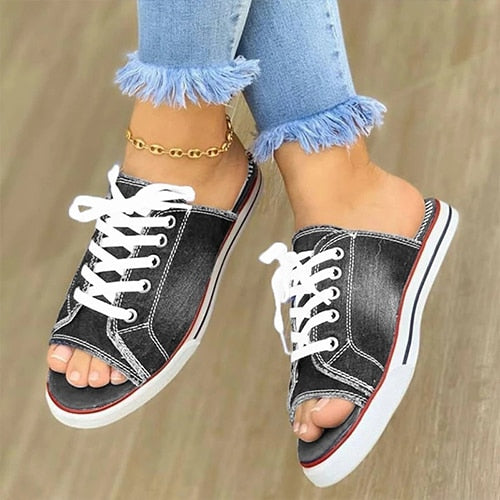 Women's Casual Female Fashion Denim Beach Shoes Plus Size Women Canvas Slipper Woman Lace Up Ladies Peep Toe New Flat