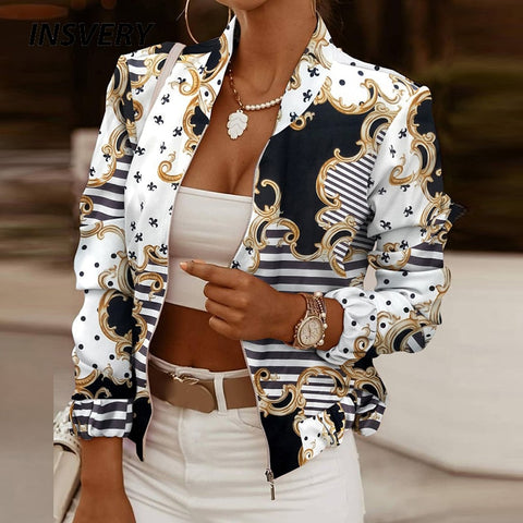 2021 Spring Autumn Women Thin Jackets Tops Vintage Print Long Sleeve Zipper Jacket Coat Women Casual Outerwear Short Jackets
