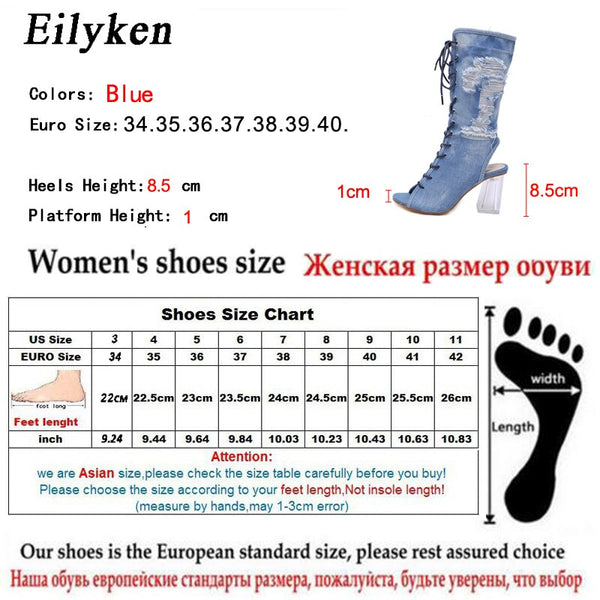 Eilyken Fashion Denim Ankle Boots Sandals Ladies Transparent Crystal Heel Peep Toe Boots Autumn Womens Lace Up Shoes Size34-40