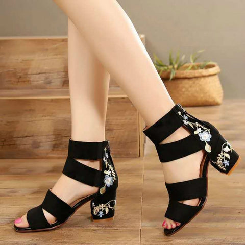 Ethnic Style Embroidered Mid-heel Sandals Women 2021 Summer All-match Thick Heel Elegant Retro Open Toe Embroidered Shoes Women