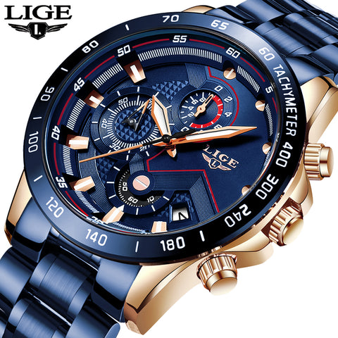 LIGE 2022 New Fashion Mens Watches with Stainless Steel Top Brand Luxury Sports Chronograph Quartz Watch Men Relogio Masculino